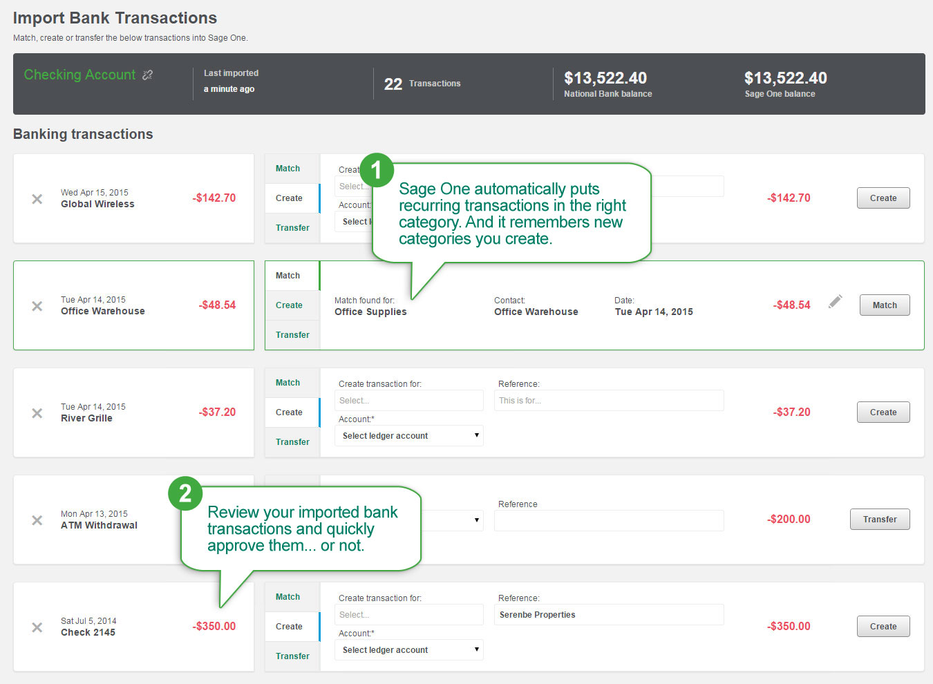 Sage One Online Accounting Software Transactions Dashboard