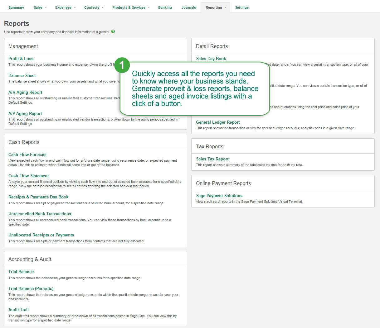 Sage One Online Accounting Software Reporting Dashboard